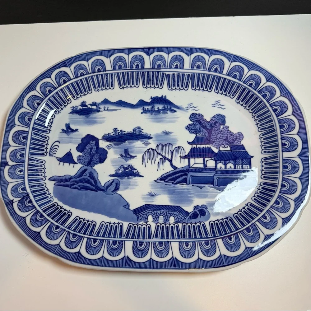 Blue Willow Style Porcelain Serving Platter – Large 20” Oval Transferware